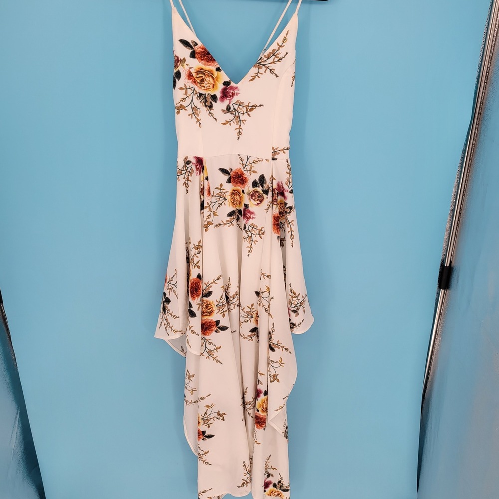 NLW Floral High-Low Maxi Dress Womens Size S White Boho Summer V-Neck resort